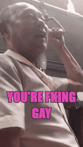 a man on a bus with the words you 're fking gay on the bottom