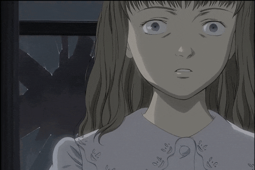 a close up of a girl 's face with a broken glass in the background