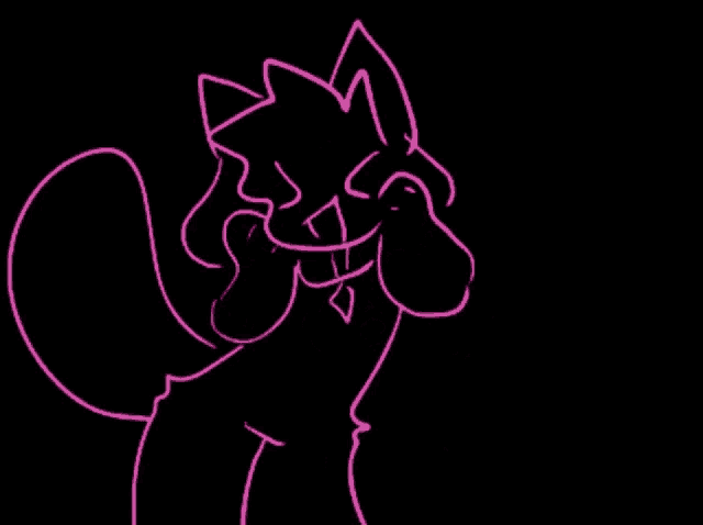 a drawing of a cat with a pink outline on a black background .