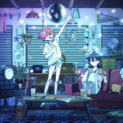 a girl with pink hair is singing into a microphone in a room