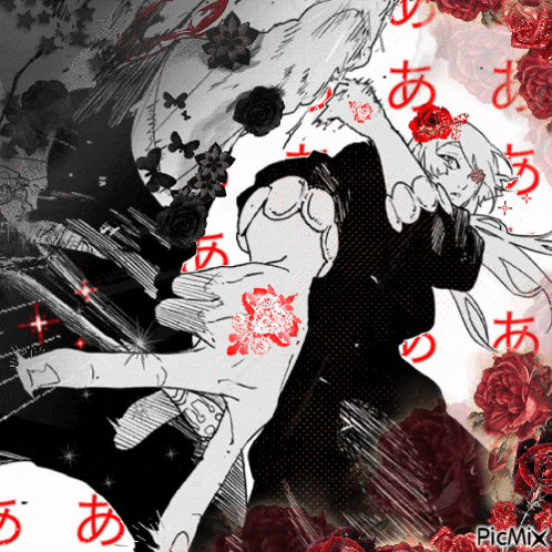 a black and white drawing of a man holding a woman 's hand with picmix written in the corner