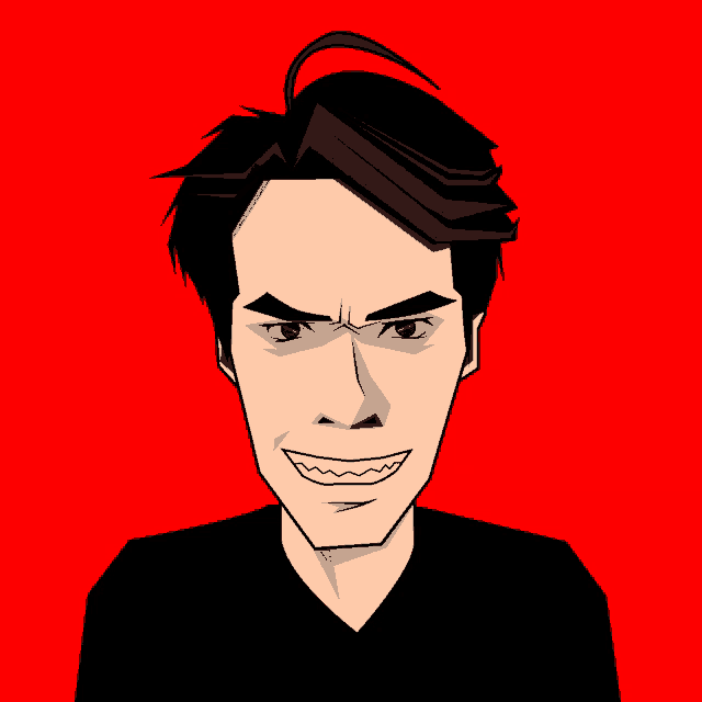 a cartoon drawing of a man with black hair and a big smile