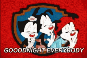 a cartoon says goodnight everybody with three cartoon characters on a red background