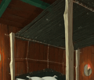 a cartoon character is standing in a wooden room with a torch in the background .