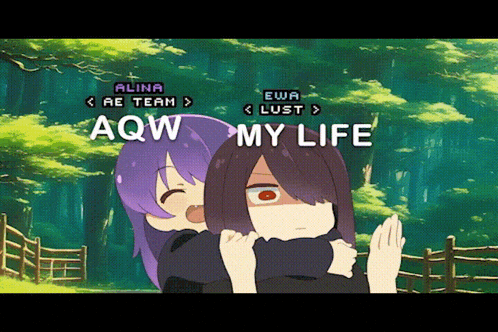 a girl with purple hair is being hugged by another girl with purple hair