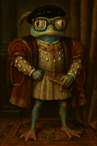 a painting of a frog dressed as a king with glasses and a hat