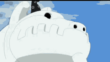 a close up of a cartoon character 's face against a blue sky .