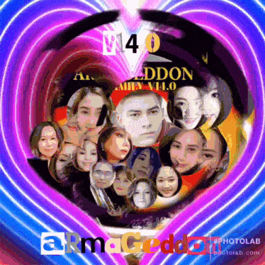a collage of faces in a heart shape with the words armageddon on the bottom