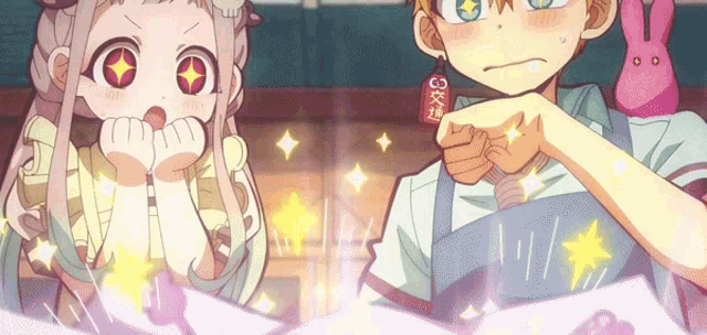 a boy and a girl are standing next to each other in a cartoon