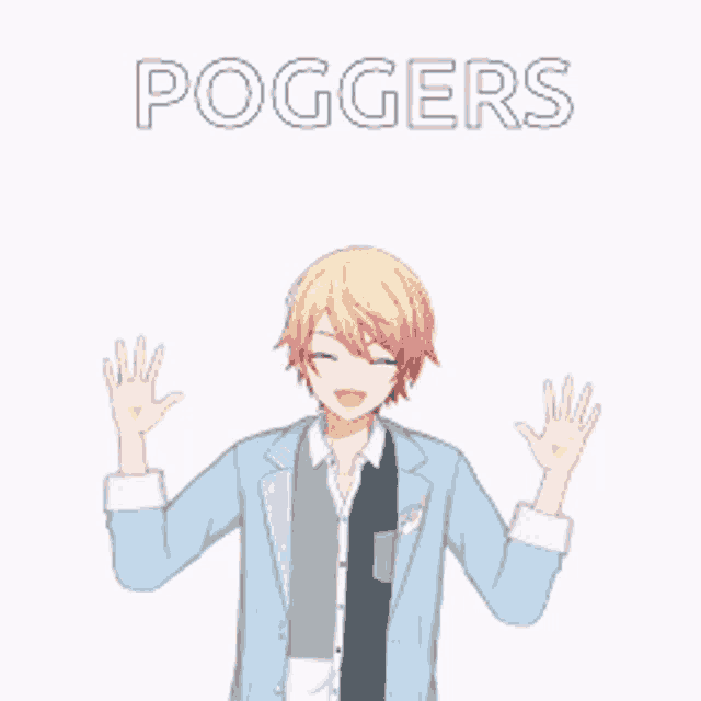 a boy in a suit is standing with his arms outstretched and the words poggers written above him .