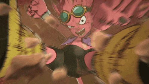 a cartoon character with pink hair and goggles is kicking someone