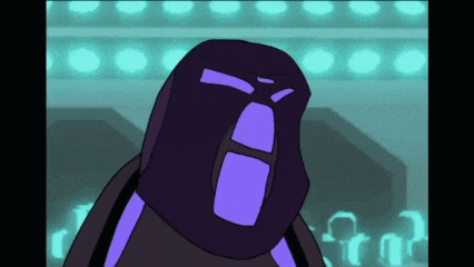 a cartoon character with a purple mask on their head