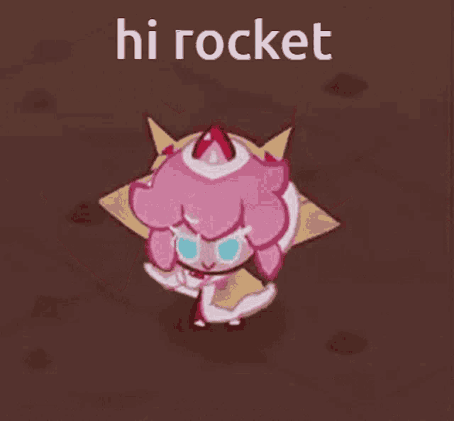 a cookie with a strawberry on her head and the words hi rocket on the bottom