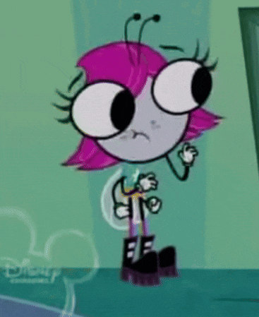 a cartoon character with pink hair and black boots is standing in front of a disney logo