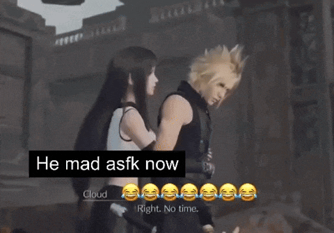 a man and a woman are standing next to each other and the man is saying he mad asfk now