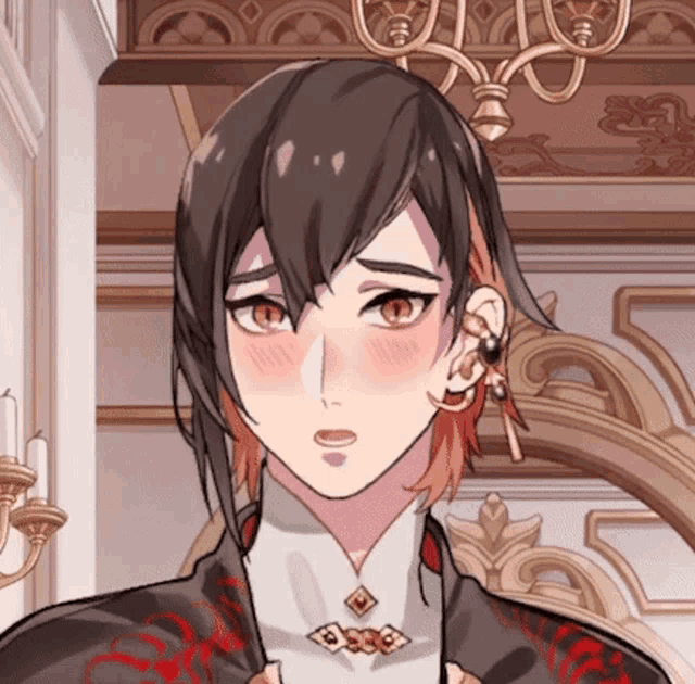 a drawing of a girl with black hair and red ears