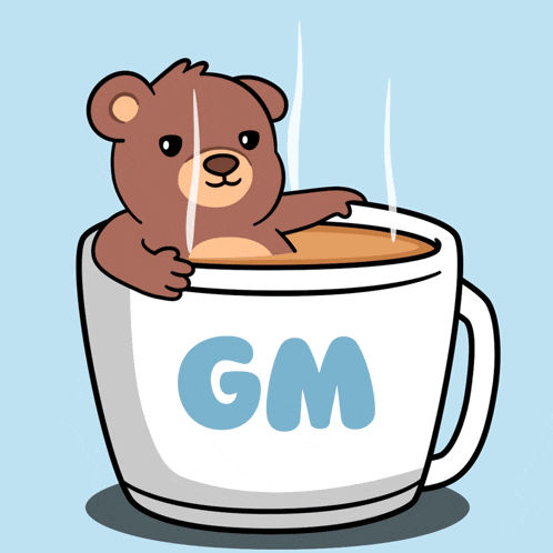 a cartoon of a teddy bear sitting in a cup with the letter gm on it