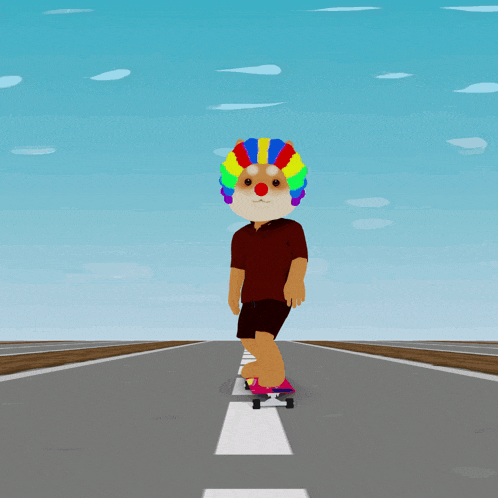 a person wearing a clown wig is riding a skateboard down the road