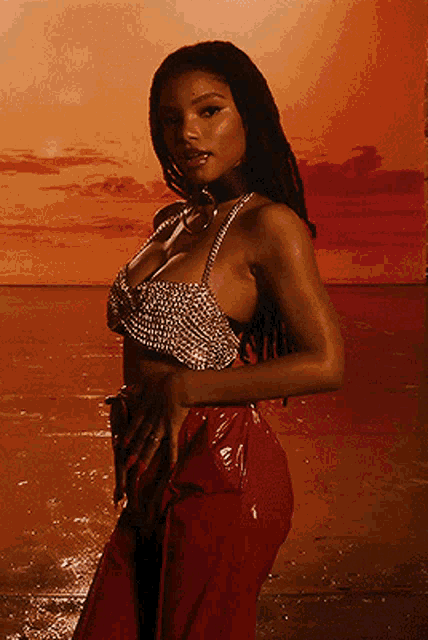 a woman wearing a crop top and red pants stands in front of a sunset