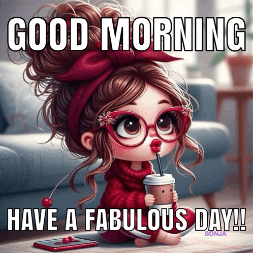 a picture of a girl with glasses and a cup of coffee with the words good morning have a fabulous day