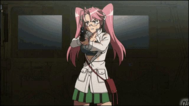 a girl with pink hair and glasses is holding a gun in her hand