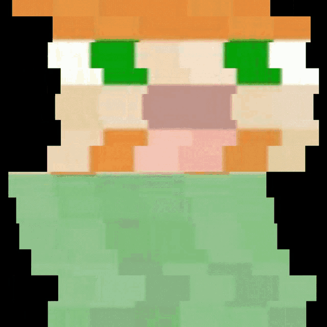 a pixel art of a person 's face with green eyes