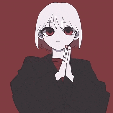 a girl with white hair and red eyes is wearing a black jacket and red shirt .