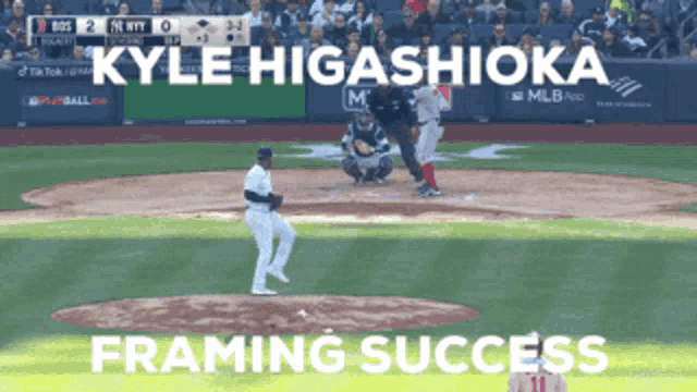 a baseball game is being played and kyle higashioka framing success is written on the bottom