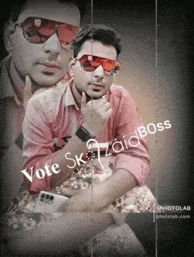 a man wearing sunglasses and a pink shirt with the words vote sk zaid boss on the bottom