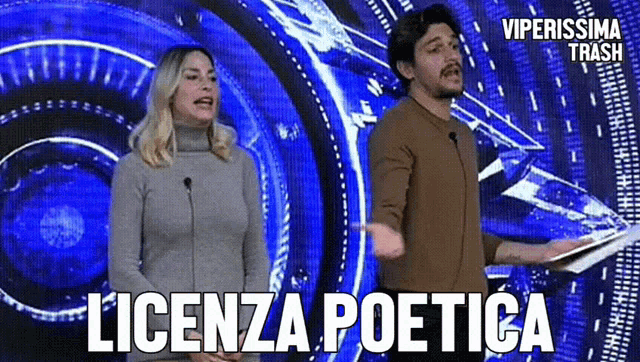 a man and a woman are standing in front of microphones and the words licenza poetica are written on the screen behind them .