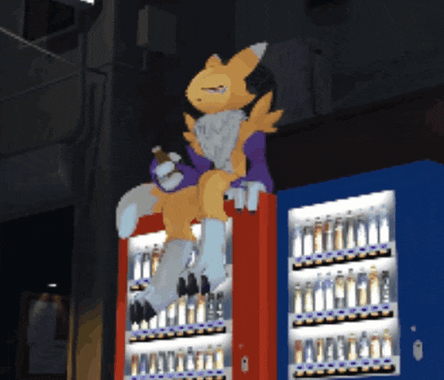 a pixel art of a fox sitting on a vending machine