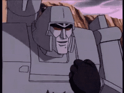 a cartoon of a robot with a helmet on standing next to a person .