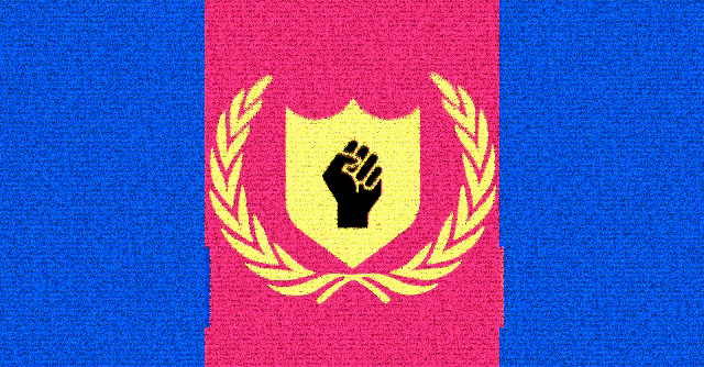 a red and blue flag with a yellow shield with a black fist on it