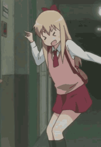 a blonde anime girl in a pink vest and red skirt is pointing at something