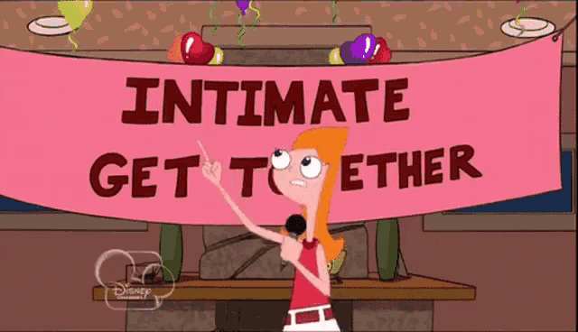 a cartoon character holds a microphone in front of a sign that says intimate get together
