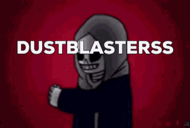 a cartoon character is standing in front of a row of dustblasters .