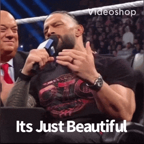 a man sitting in front of a microphone with the words " it 's just beautiful " on the bottom