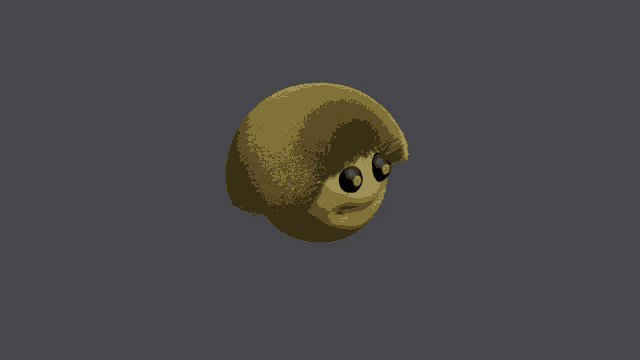 a close up of a yellow object with red eyes on a gray background