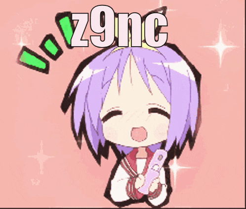 a girl with purple hair is holding a cell phone and the words do z9nc are above her head