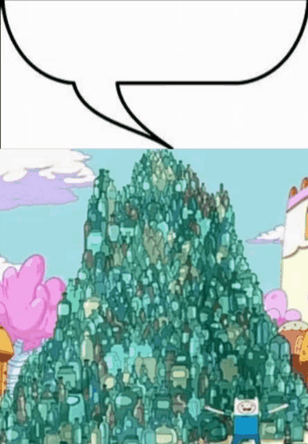 a cartoon character is standing in front of a large pile of people .