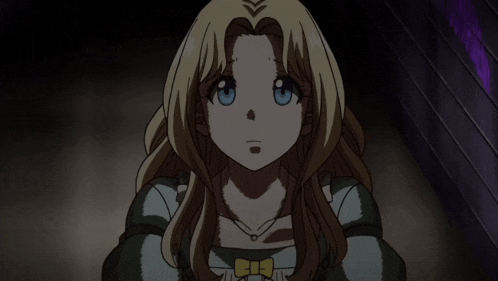 a girl with blonde hair and blue eyes stands in a dark room with chinese writing on the bottom
