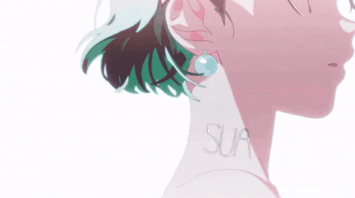 a close up of a woman 's face with green hair and earrings .