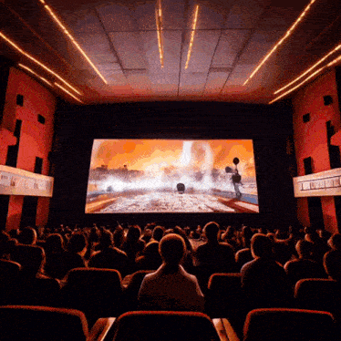 a crowd of people watching a movie in a theater with a sign that says rts on it