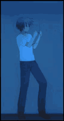 a man in a white shirt and blue jeans is dancing with his arms in the air