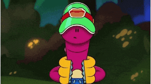 a cartoon character with a green hat and goggles on