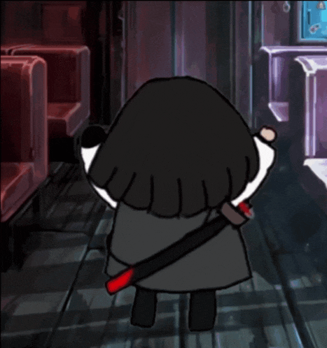 a cartoon drawing of a girl with red eyes and black hair