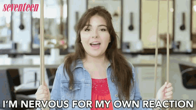 a girl on a swing with the words i 'm nervous for my own reaction written below her