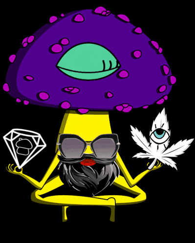 a cartoon drawing of a mushroom holding a diamond and a weed leaf