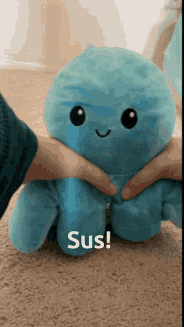 a person is holding a blue stuffed octopus with the word sus written on it