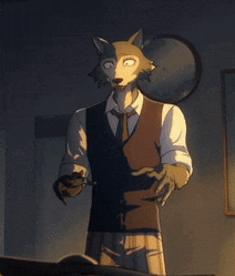 a cartoon of a wolf in a vest and tie standing in a dark room